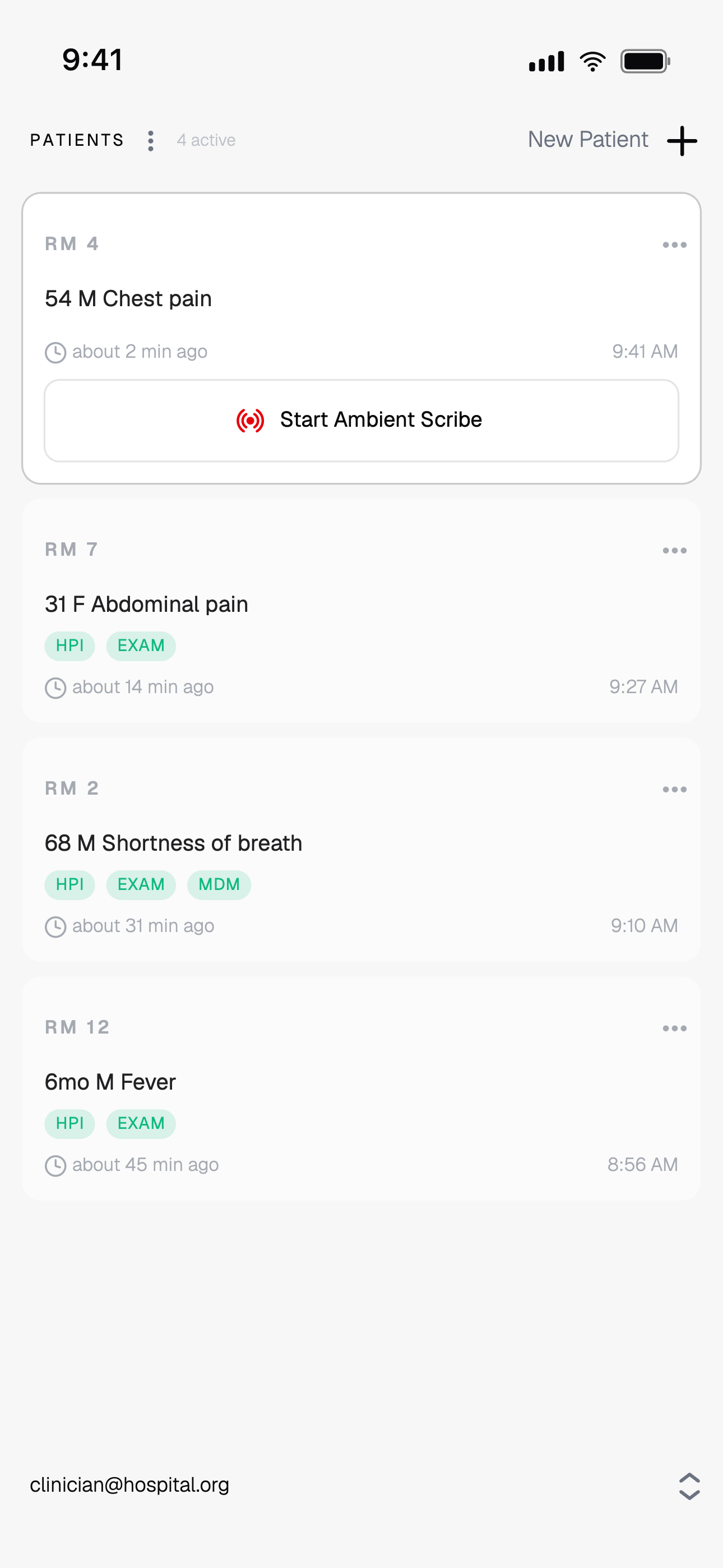 palmER mobile patient list with four active rooms and a Start Ambient Scribe button